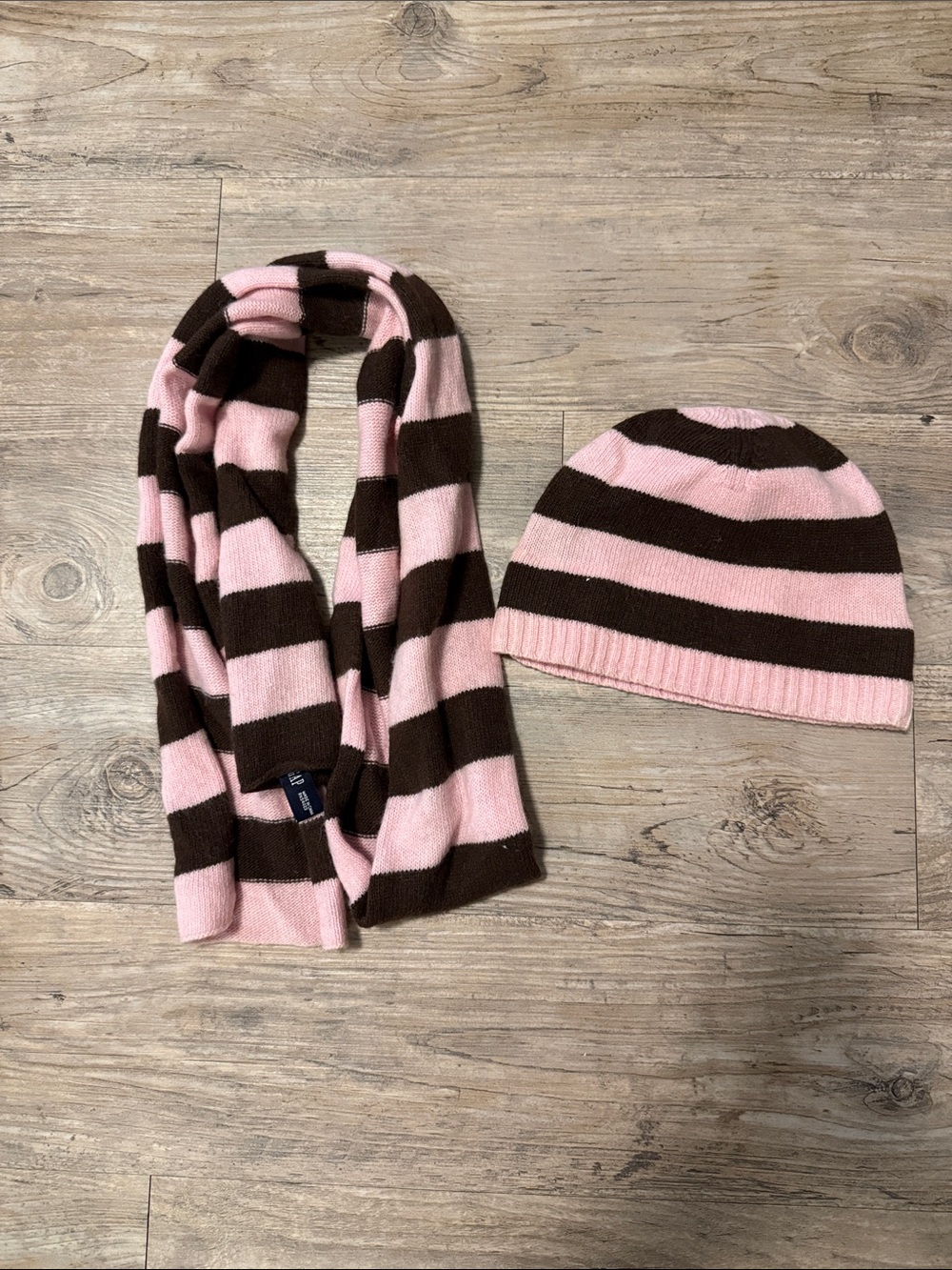 GAP Pink and Brown Striped Knit Hat & Scarf
